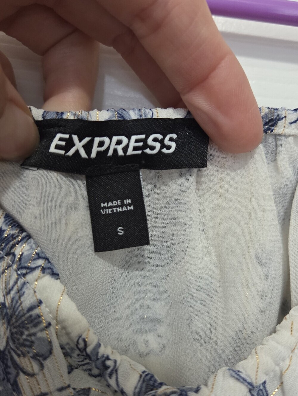 Express Boho Blue Floral Puff Long Sleeve Smocked Waist Peasant Top Size Small - Picture 6 of 9